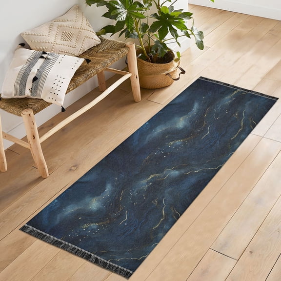 Ryvnso Blue with Golden Marble Bedroom Runner Rug 2'x6' Hallway Area Carpet Non Slip Entryway Mat with Tassels