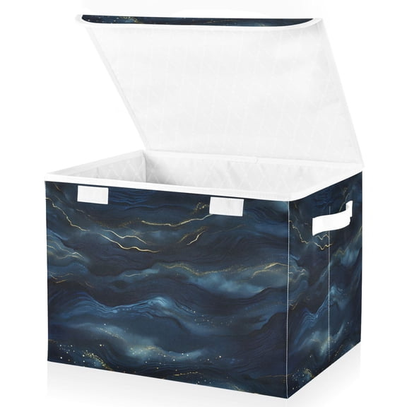 Ryvnso Blue with Golden Marble Large Lidded Foldable Storage Baskets Cubes Boxes Lids Bin for Home