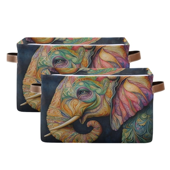 Ryvnso Bohemia Art Elephant Storage Basket Large Bin Foldable Boxes Toys Organizer 14.2x10.2x8.3in 2 PCs