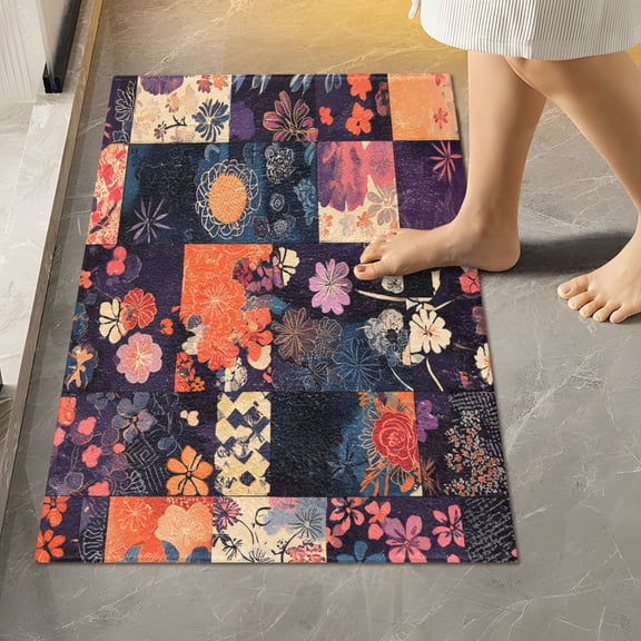 Ryvnso Bohemia Flower on Checkered Grid Bathroom Shaggy Rugs Toilet Rectangle Mat Soft Contour Rug 24"x16"
