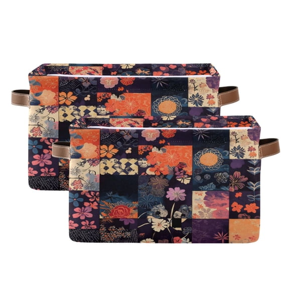 Ryvnso Bohemia Flower on Checkered Grid Storage Basket Large Bin Foldable Boxes Toys Organizer 14.2x10.2x8.3in 2 PCs