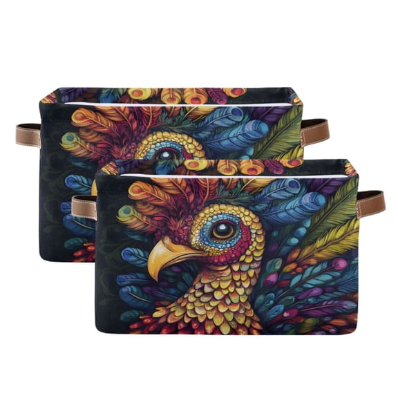 Ryvnso Boho Artistic Turkey Storage Basket Large Bin Foldable Boxes Toys Organizer 14.2x10.2x8.3in 2 PCs