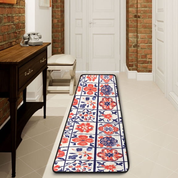 Ryvnso Boho Flower in Checkered Grid Hallway Runner Rugs Floor Carpet Non Slip Entryway Mat 2' x 6'