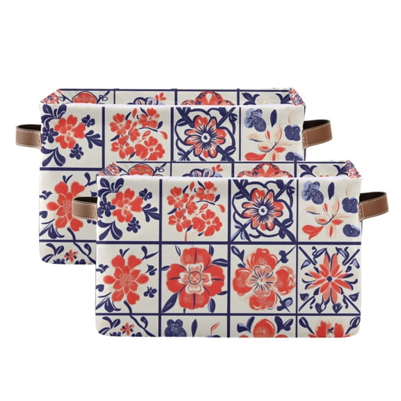 Ryvnso Boho Flower in Checkered Grid Storage Basket Large Bin Foldable Boxes Toys Organizer 14.2x10.2x8.3in 2 PCs