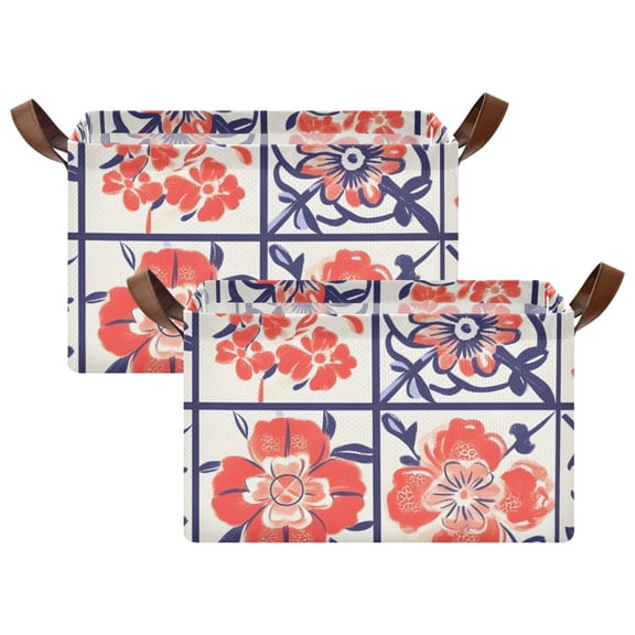 Ryvnso Boho Flower in Checkered Grid Storage Bins Large Basket Foldable Cube Toys Organizer with Handles 2 PCs