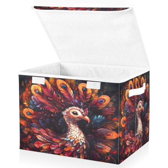 Ryvnso Boho Turkey Feather Large Lidded Foldable Storage Baskets Cubes Boxes Lids Bin for Home