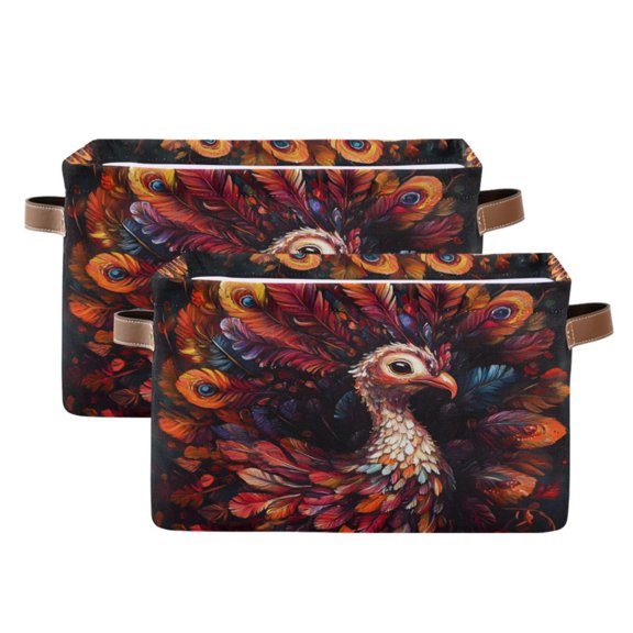 Ryvnso Boho Turkey Feather Storage Basket Large Bin Foldable Boxes Toys Organizer 14.2x10.2x8.3in 2 PCs