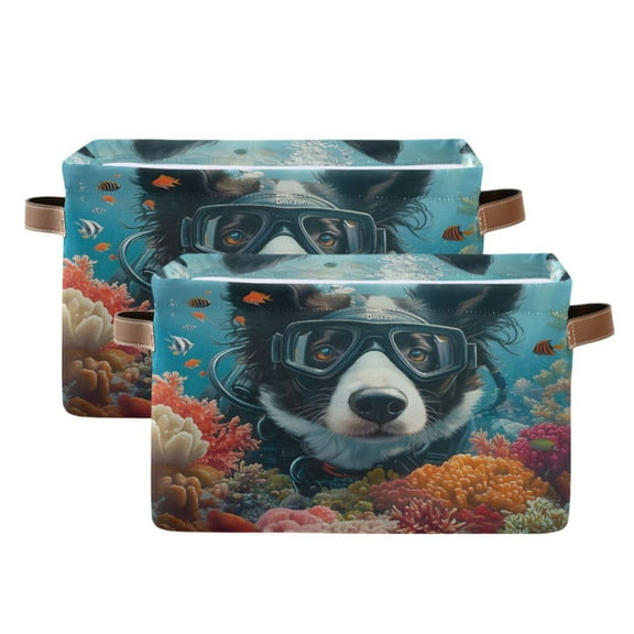 Ryvnso Border Collie Dog Swim Storage Basket Large Bin Foldable Boxes Toys Organizer 14.2x10.2x8.3in 2 PCs