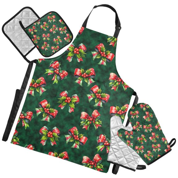 Ryvnso Bow with Cherry Kitchen Apron Oven Mitts Set Pot Holders