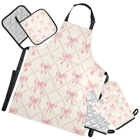 Ryvnso Bows Checkered Kitchen Apron Oven Mitts Set Pot Holders