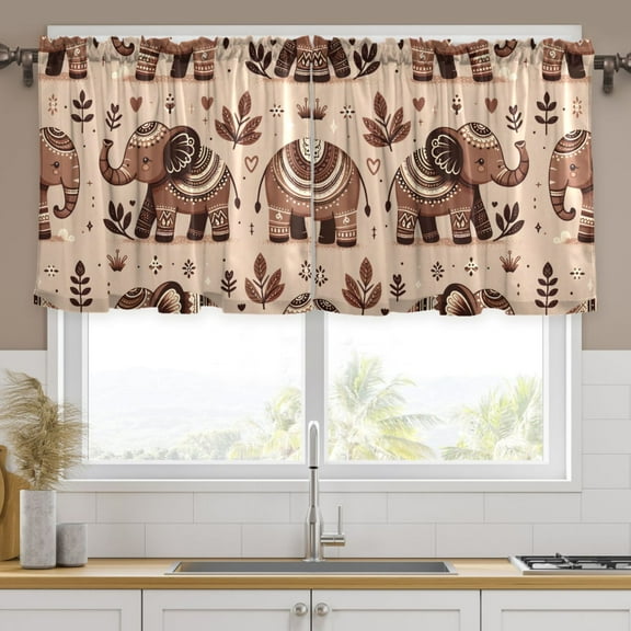 Ryvnso Brown Boho Elephants Curtains Sets Short Curtain Rod Pocket Half Window Cafe Farmhouse Tier 2 Panels 57"W x 24"L