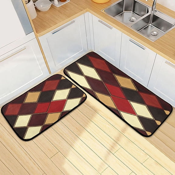 Ryvnso Brown Checkered Plaid Pattern Kitchen Rugs Set Non Slip Runner Mats for Dining Room