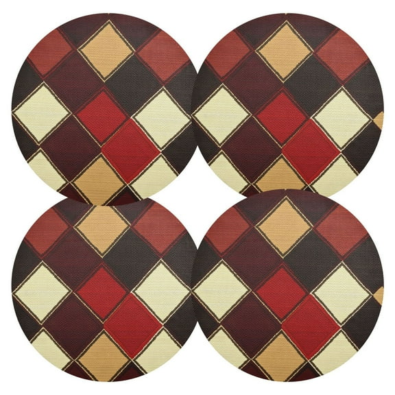 Ryvnso Brown Checkered Plaid Pattern Round Plate Mats Dining Table Placemat Set of 4 for Holiday Decoration
