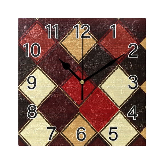 Ryvnso Brown Checkered Plaid Pattern Wall Clock Square Silent Non-Ticking Battery Operated 7.78"