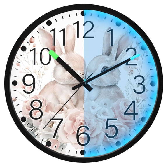 Ryvnso Bunny Roses Flower 12 Inch Night Light Wall Clock Silent Battery Operated Luminous Clocks