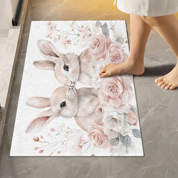 Ryvnso Bunny Roses Flower Bathroom Shaggy Rugs Toilet Rectangle Mat Soft Contour Rug 24"x16"