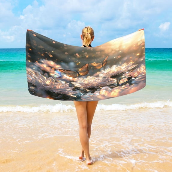 Ryvnso Butterflies Fly on Crystal Flowers Oversized Beach Towel Microfiber Bath Blankets Swimming Fitness 37" x 74"