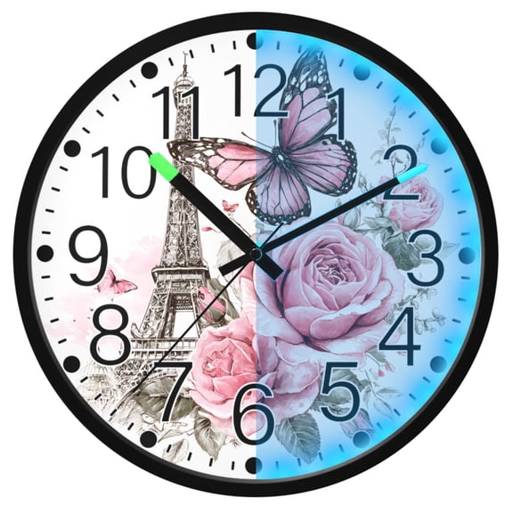 Ryvnso Butterfly Eiffel Tower 12 Inch Night Light Wall Clock Silent Battery Operated Luminous Clocks