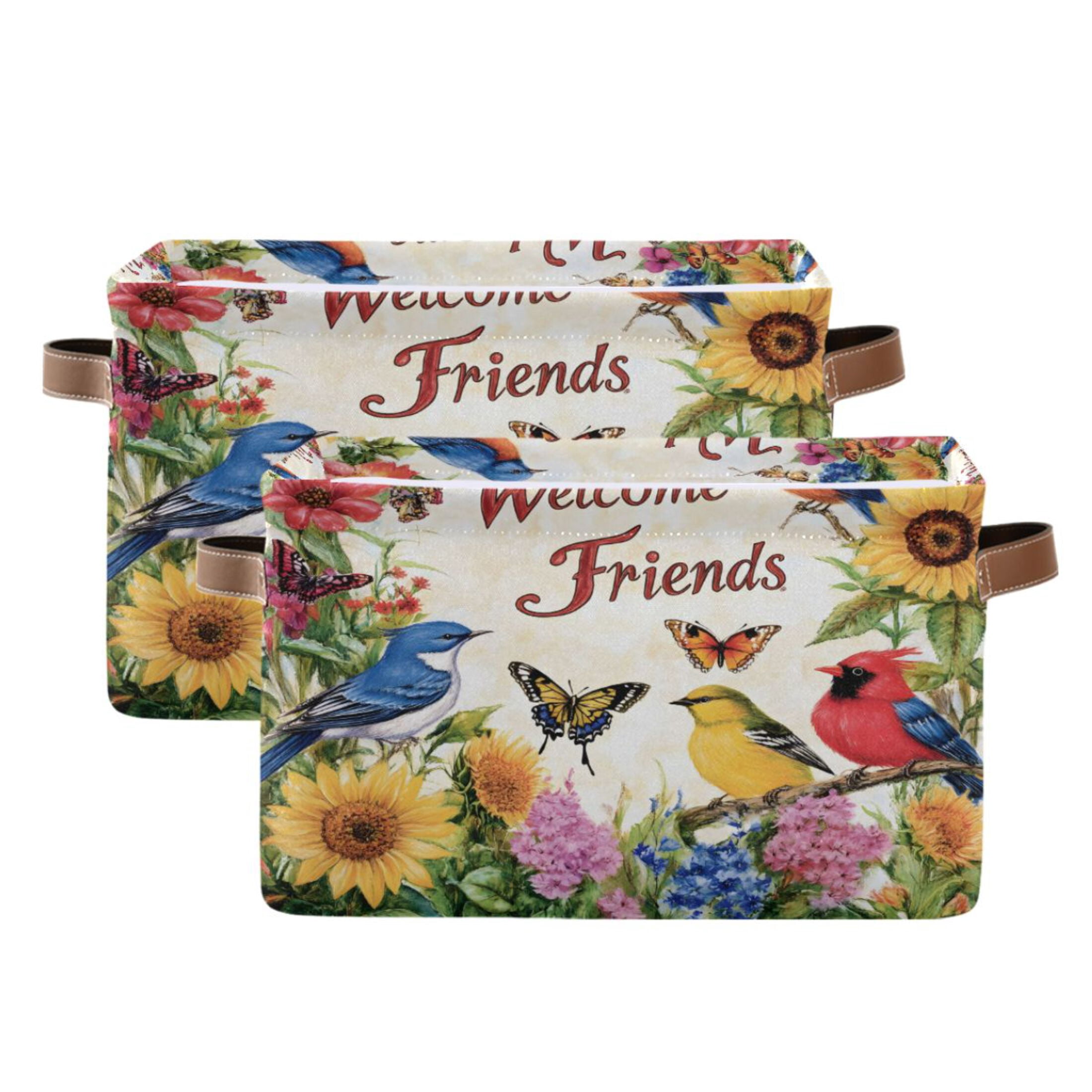 Ryvnso Butterfly Flower Cardinal Bird Storage Basket Large Bin Foldable Boxes Toys Organizer 14.2x10.2x8.3in 2 PCs