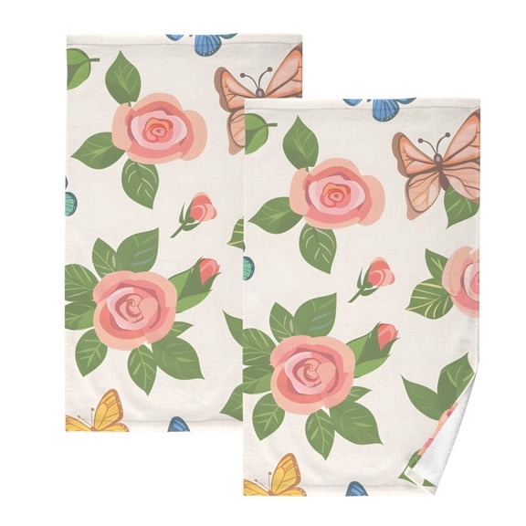 Ryvnso Butterfly Flying in Roses Flowers Cotton Hand Towels Sets Face Towel 2 PCs Bathroom Decorative