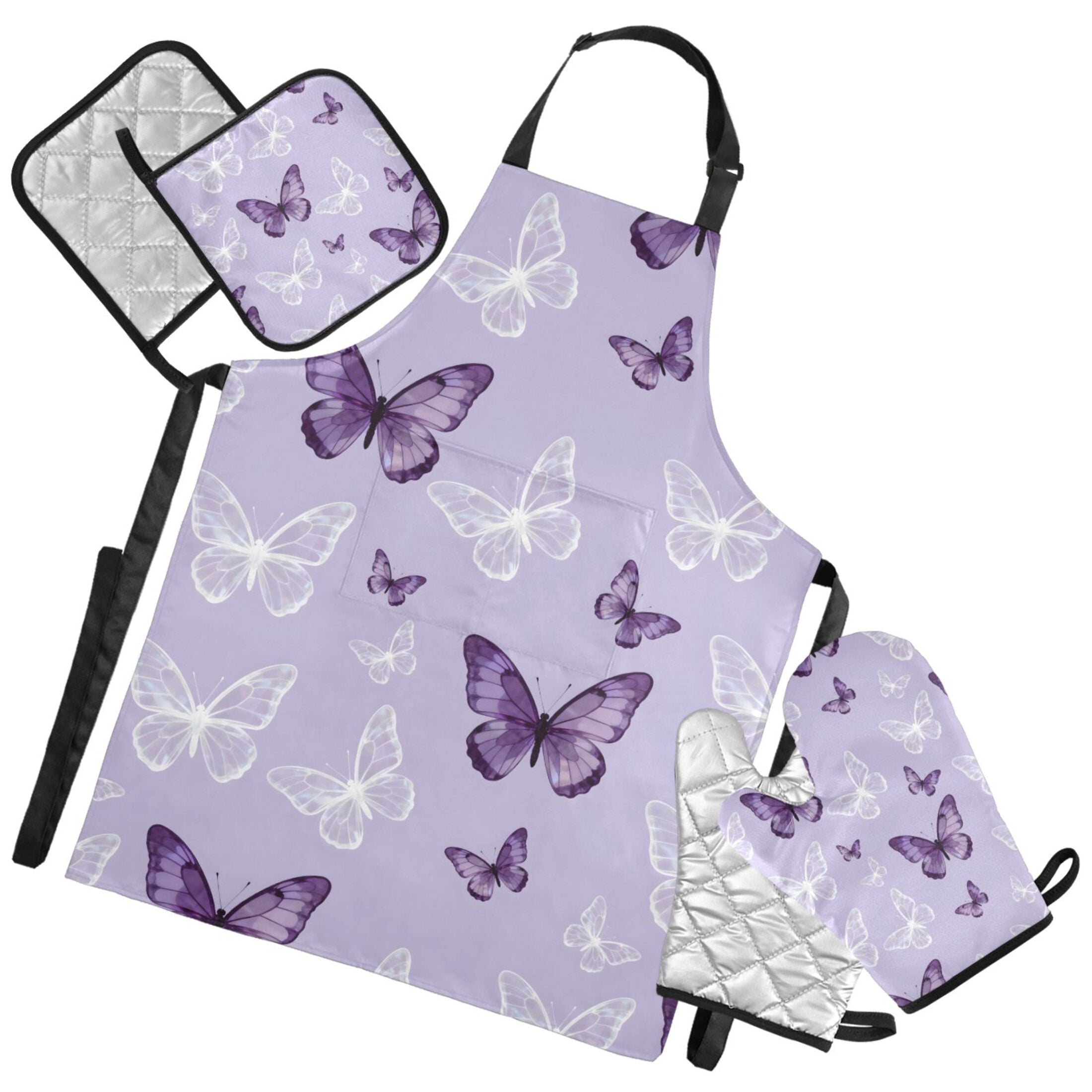 Ryvnso Butterfly Purple Kitchen Apron Oven Mitts Set Pot Holders