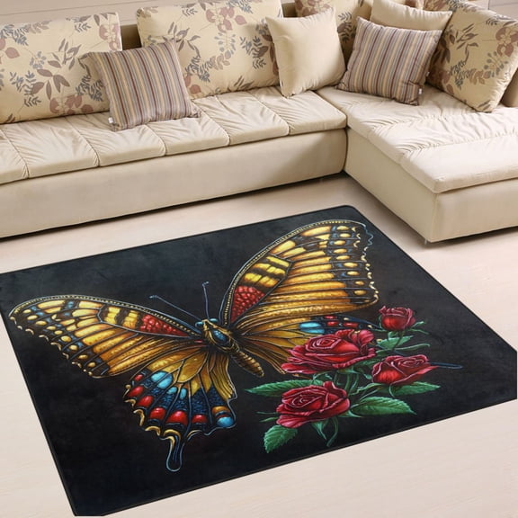 Ryvnso Butterfly Rose Flower Area Rug Floor Mats Non-Slip Home Carpet 63 x 48 inch