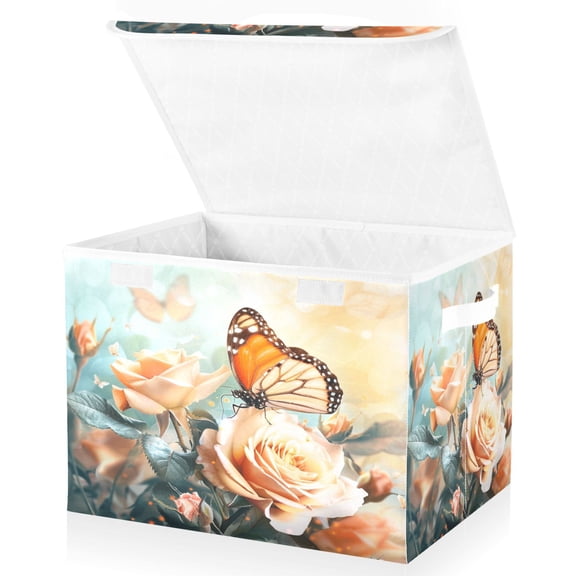 Ryvnso Butterfly Rose Flower Sunshine Large Lidded Foldable Storage Baskets Cubes Boxes Lids Bin for Home