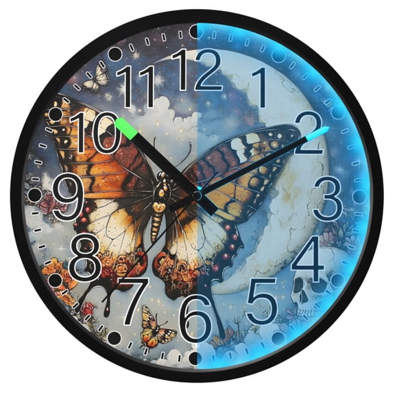 Ryvnso Butterfly Skeleton 12 Inch Night Light Wall Clock Silent Battery Operated Luminous Clocks