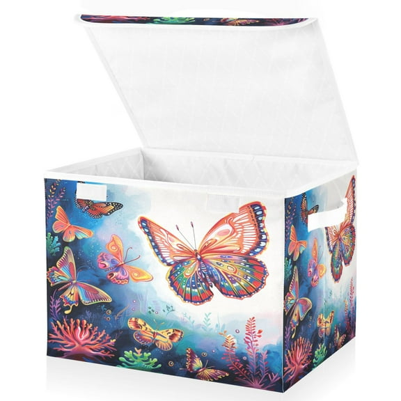 Ryvnso Butterfly and Coral Large Lidded Foldable Storage Baskets Cubes Boxes Lids Bin for Home