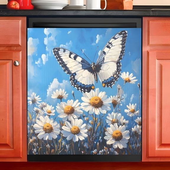 Ryvnso Butterfly on Daisy Flower Dishwasher Magnetic Refrigerator Magnet Cover Kitchen Home Decorative 23"x26"