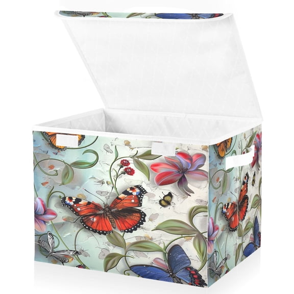 Ryvnso Butterfly on Leaves Large Lidded Foldable Storage Baskets Cubes Boxes Lids Bin for Home