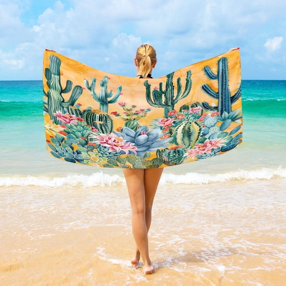 Ryvnso Cactus Flowers on Orange Background Oversized Beach Towel Microfiber Bath Blankets Swimming Fitness 37" x 74"