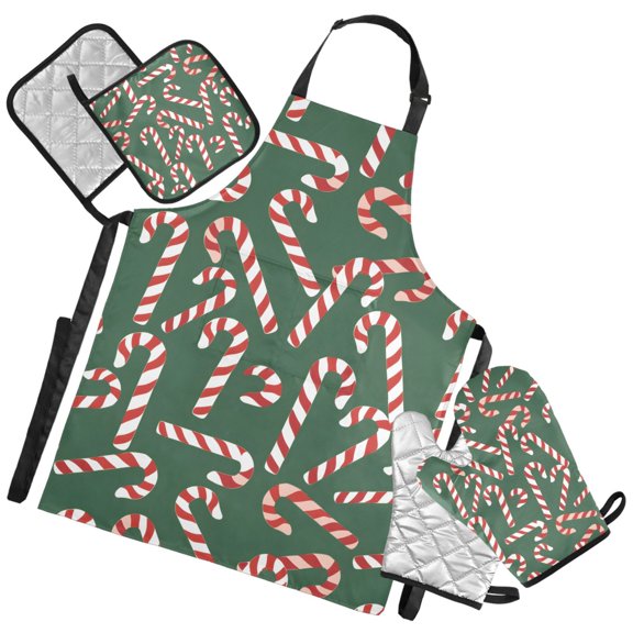 Ryvnso Candy Canes Kitchen Apron Oven Mitts Set Pot Holders