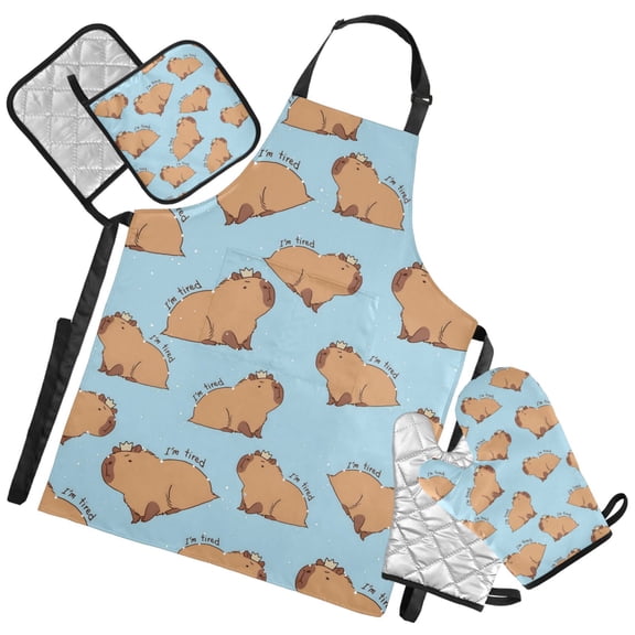 Ryvnso Capybara Animals Kitchen Apron Oven Mitts Set Pot Holders