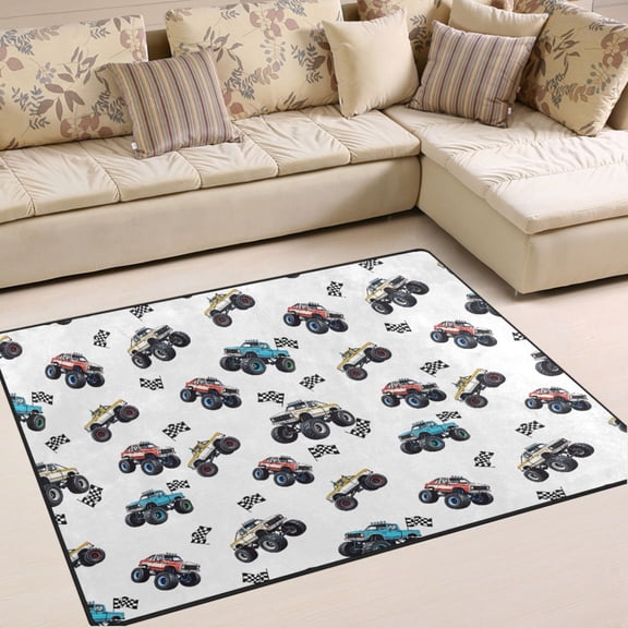 Ryvnso Car Trucks Cartoon Checkered Flag Area Rug Floor Mats Non-Slip Home Carpet 80 x 58 inch