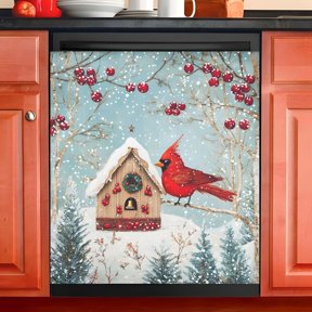 Ryvnso Cardinal Bird Christmas Dishwasher Magnetic Refrigerator Magnet Cover Kitchen Home Decorative 23"x26"