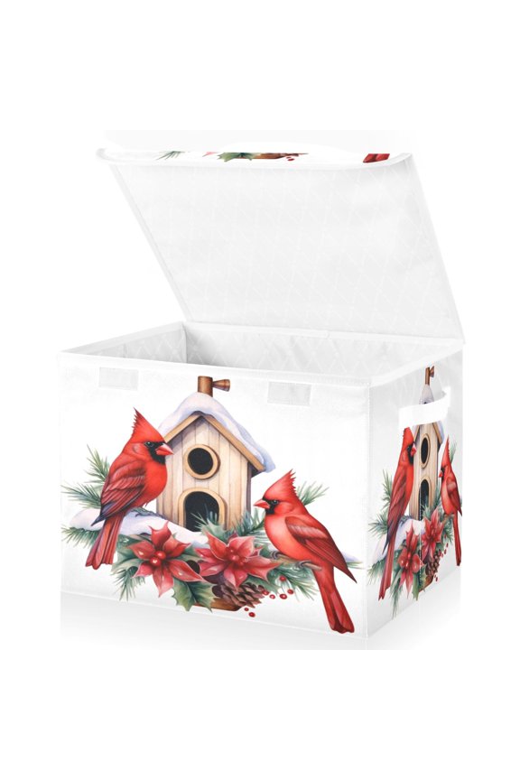 Cardinal Poinsettia Flower Large Lidded Foldable Storage Baskets Cubes Boxes Lids Bin for Home