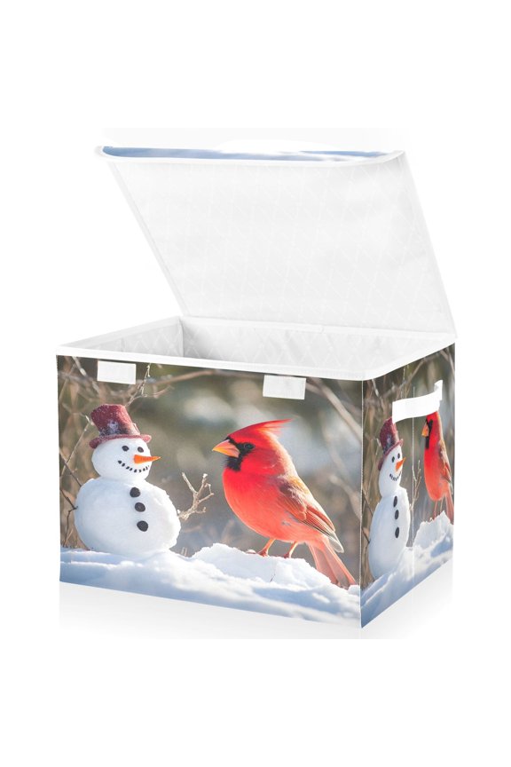 Cardinal and Snowman Large Lidded Foldable Storage Baskets Cubes Boxes Lids Bin for Home