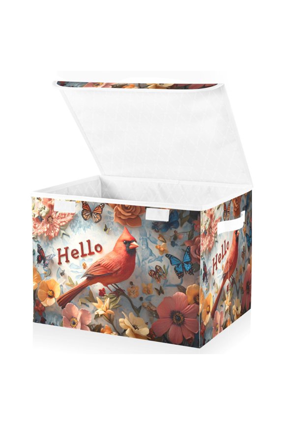 Cardinal in Flower Large Lidded Foldable Storage Baskets Cubes Boxes Lids Bin for Home