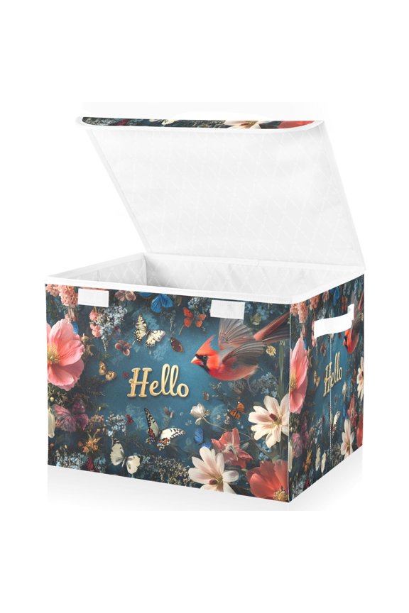 Cardinal in Flowers Large Lidded Foldable Storage Baskets Cubes Boxes Lids Bin for Home