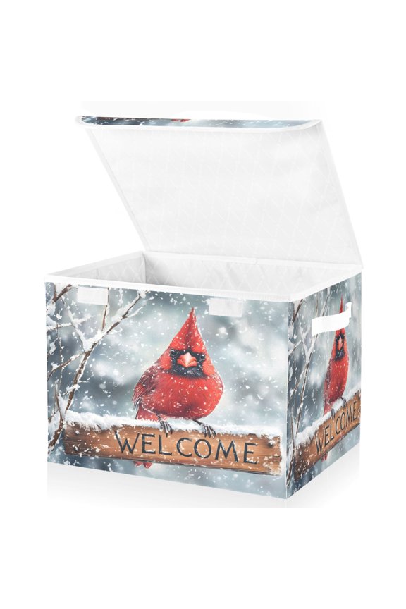 Cardinal in Winter Welcome Large Lidded Foldable Storage Baskets Cubes Boxes Lids Bin for Home