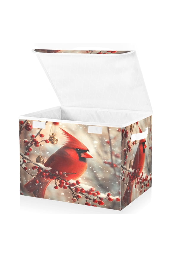 Cardinal on Berry Tree Large Lidded Foldable Storage Baskets Cubes Boxes Lids Bin for Home
