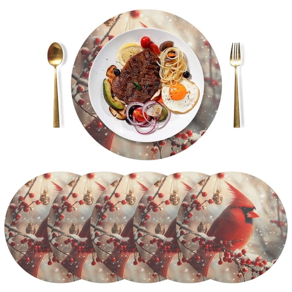 Ryvnso Cardinal on Berry Tree Round Plate Mats Dining Table Placemat Set of 6 for Holiday Decoration