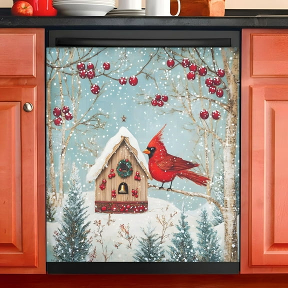 Ryvnso Cardinal on Christmas Branch Dishwasher Magnetic Refrigerator Magnet Cover Kitchen Home Decorative 23"x26"