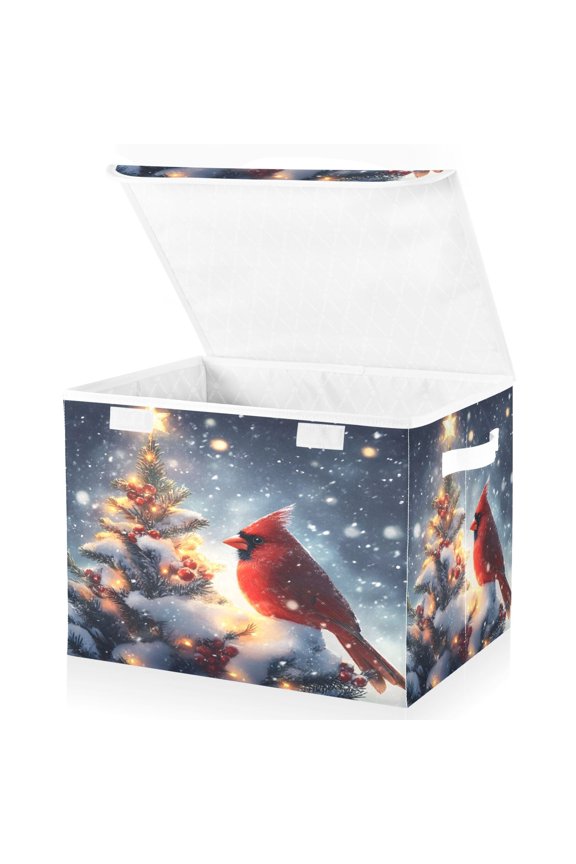 Cardinal on Christmas Tree Large Lidded Foldable Storage Baskets Cubes Boxes Lids Bin for Home