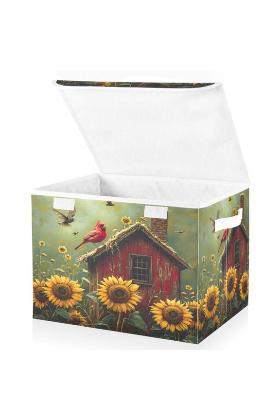 Cardinal on House Sunflowers Large Lidded Foldable Storage Baskets Cubes Boxes Lids Bin for Home