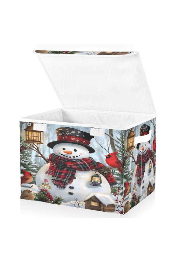 Cardinal on Snowman Large Lidded Foldable Storage Baskets Cubes Boxes Lids Bin for Home