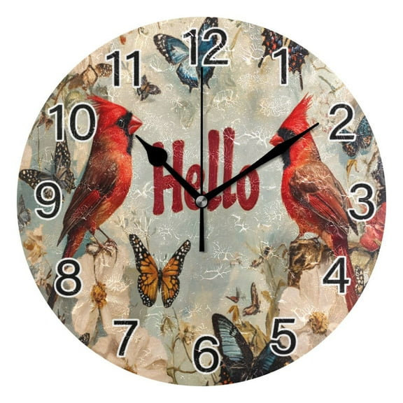 Ryvnso Cardinal with Hello Wall Clock Non Ticking Silent Kitchen Clock Battery Operated Clocks 10 inch