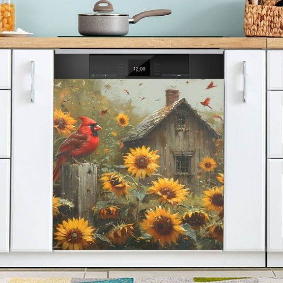 Ryvnso Cardinal with Sunflowers Dishwasher Magnetic Refrigerator Magnet Cover Kitchen Home Decorative 23"x26"
