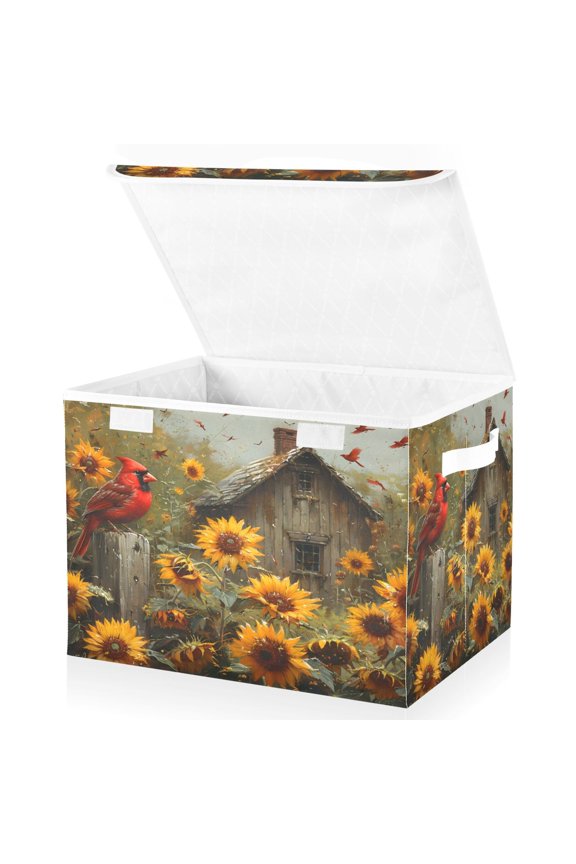 Cardinal with Sunflowers Large Lidded Foldable Storage Baskets Cubes Boxes Lids Bin for Home